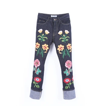 Superb Men's Embroidery Floral Brand Jeans Pant Slim fit Fashion Cool Turn-ups Cuff Straight Jeans Hot New