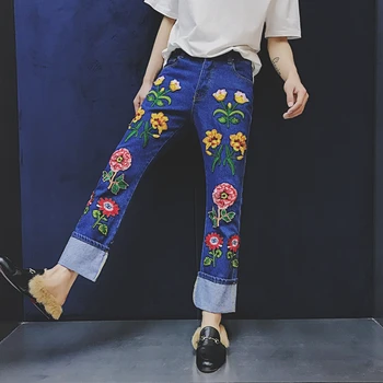 Superb Men's Embroidery Floral Brand Jeans Pant Slim fit Fashion Cool Turn-ups Cuff Straight Jeans Hot New