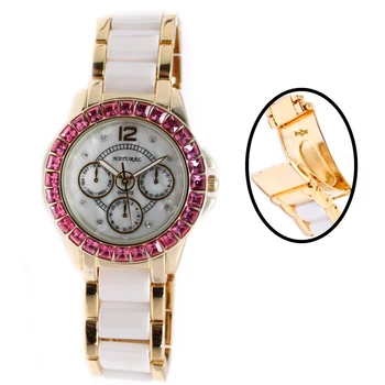 Natural Brand New Gold Ceramic Watches Shell White Dial Water Resistant Rose Crystal Ladies Bracelet Watch FW830V