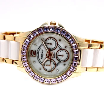 NATURAL Brand Classic Watches Silver White Shell Dial Violet Crystal Ceramic Water Resistant 30M Bracelet Watch FW830W