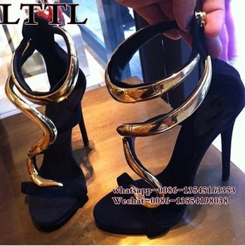Brand New Designer Womens Sandals Open Toe S-shaped Gold Metal Decorated thin High Heel Sandals Sexy Cutouts ankle strap Shoes