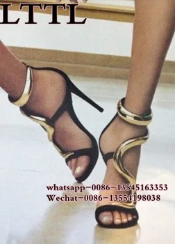 Brand New Designer Womens Sandals Open Toe S-shaped Gold Metal Decorated thin High Heel Sandals Sexy Cutouts ankle strap Shoes