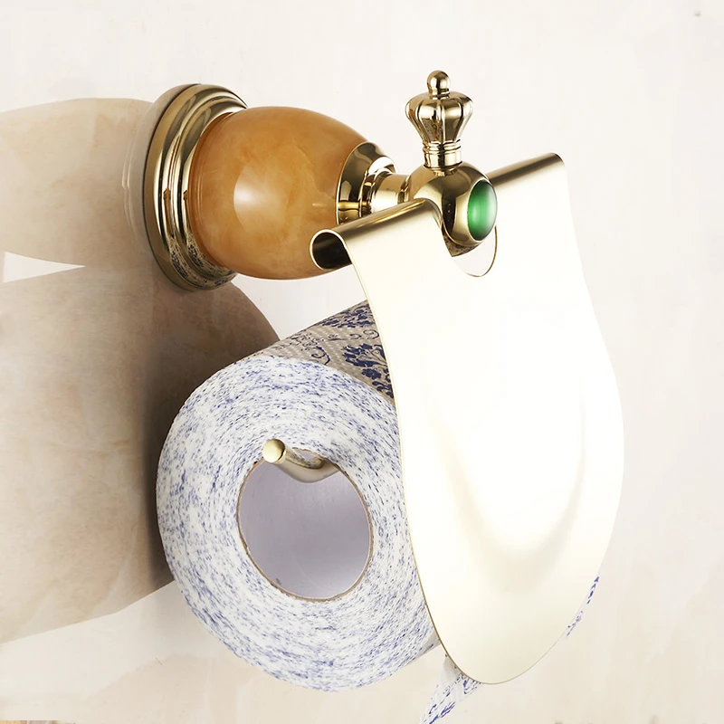 Europe Gold Toilet Paper Holder Luxury Jade Toilet Paper Box/ Roller Holder Brass Polished Toilet Tissue Holder 3808K
