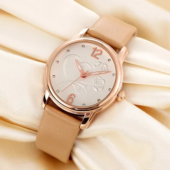 SKONE Brand Rose Gold Case Women Dress Watches Red Genuine Leather Fashion Lady Quartz Wristwatch Diamonds Watches Reloj Mujer