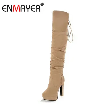 ENMAYER Big Size 34-43 High Over-the-Knee Boots for Women Flock Tassel Ladies Long Boots Sexy Winter Shoes Warm Shoes Pumps