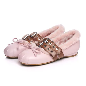 Women Genuine Leather Flat Furry Shoes 2016 Winter Bow Wool Fur Ballet Shoes Belt Buckle Slip on Warm Shoes Footwear