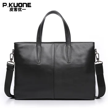 P.KUONE Genuine Leather Business Men Brienfcase Handbag Fashion Design Messenger Bag Luxury Brand Travel Laptop Bag