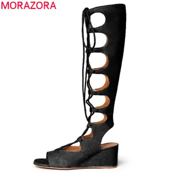 MORAZORA 2017 new arrive women sandals fashion Brand genuine leather wedges shoes high heels lace up sexy knee high summer shoes