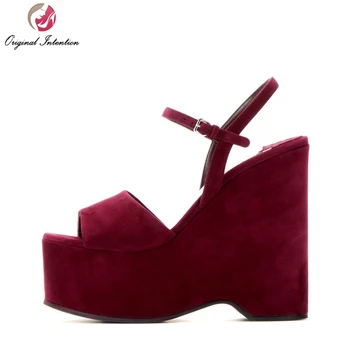 Original Intention Elegant Women Sandals Fashion Wine Red Wedges Sandals Nubuck Leather Shoes Woman Plus US Size 4-15