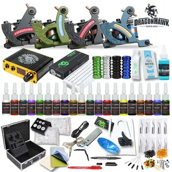 Professional Tattoo Kit Machine Guns Inks Sets Steel Grips Tips With Disposable Needles Tattoo Power Box Supply