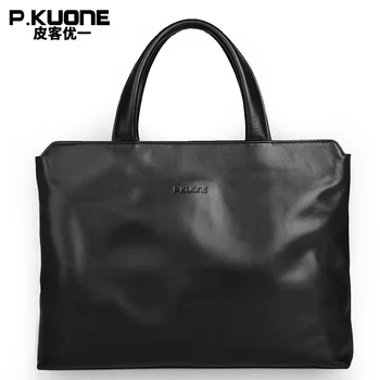 P.KUONE Genuine Leather Laptop Bag New Fashion Men Briefcase Famous Luxury Brand Men Handbag Designer Shoulder Bag