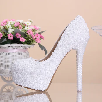 Sweet White flower Lace Platform High-heeled Shoes pearl Wedding Shoes bride dress Shoes single Shoes 14cm Heel Pumps party red