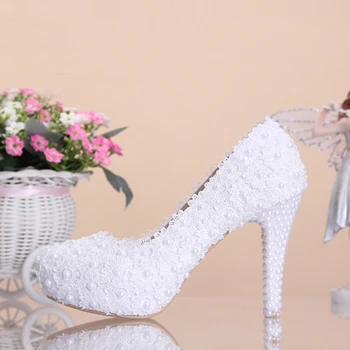Sweet White flower Lace Platform High-heeled Shoes pearl Wedding Shoes bride dress Shoes single Shoes 14cm Heel Pumps party red