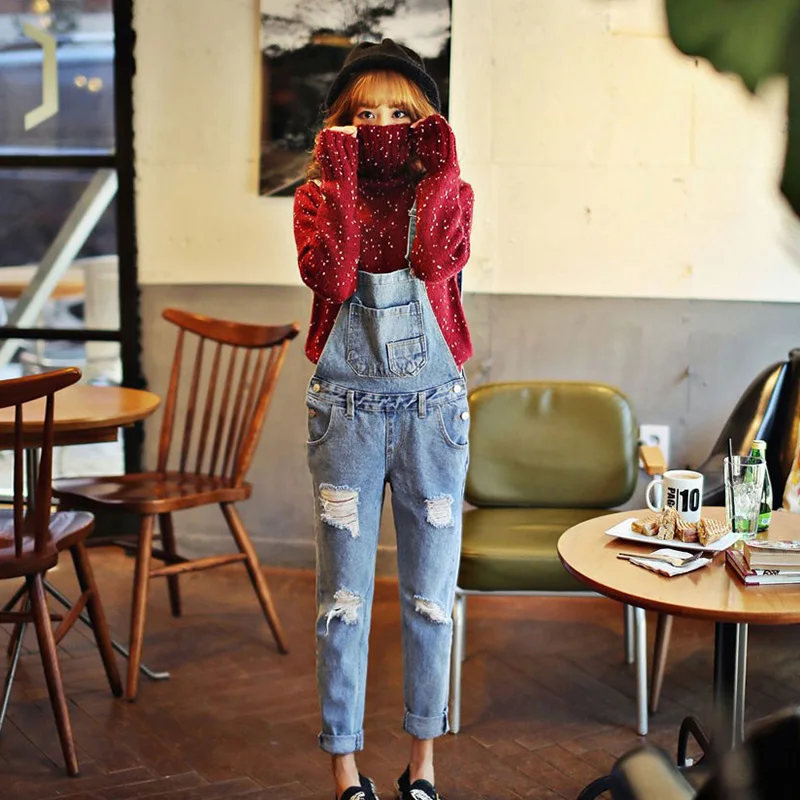 NELLBANG Mid-waist overalls hole full-length light washed denim pants 2017 new spring fashion slim pockets ripped jeans