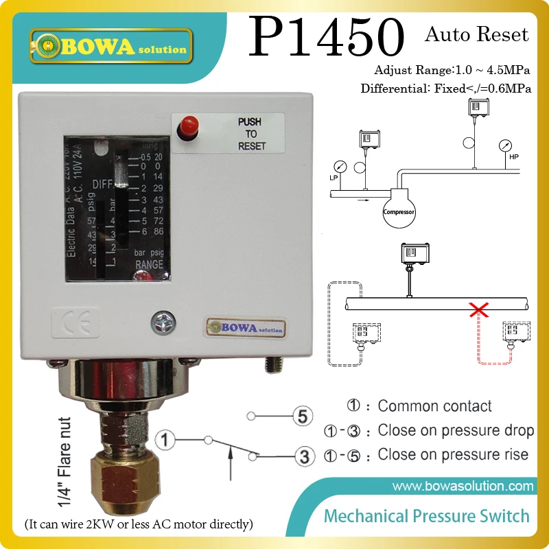 1~4.5MPa auto reset pressure controls with fixed differential installed in R410a heat pump replace Parker controls