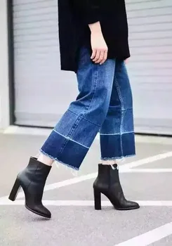 Europe Big Brand Fashion Elegant Women Wide Leg Pants Retro Straight Fight Color Broad-leg Denim Trousers Jeans