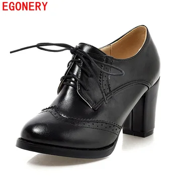 EGONERY Lace Up Square High Heels Vintage Womens Shoes Ankle Brogue Cut-out Round Toe Autumn Pumps Large Size 41-43