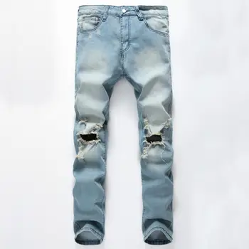 Night Club White Button Jeans Men Denim Blue Ripped Jeans Trousers 28-40 Cotton Mens Brand jeans men
