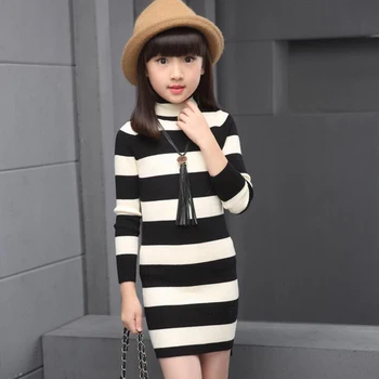 VORO BEVE girls clothes 2017 spring autumn girl dress striped new knitted long sweater dress for girl children
