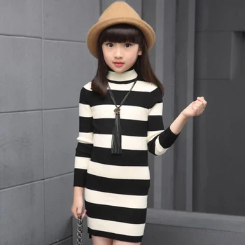VORO BEVE girls clothes 2017 spring autumn girl dress striped new knitted long sweater dress for girl children