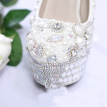 White Pearls Crystal Luxury Wedding Bridal Dress Shoes Closed Toe Prom Pumps Shoes