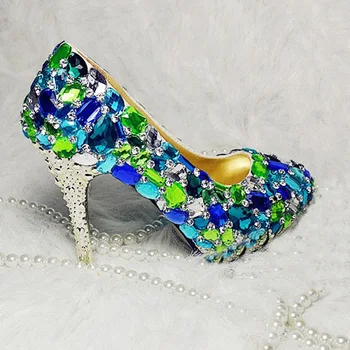 Beautiful Blue Crystal Wedding Dress Shoes Diamond Rhinestone Bridal Dress Shoes Glitter Party Dancing Prom Shoes