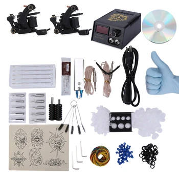 1 Set Complete Tattoo Kit Electric Shader Guns Machine Shader Liner Power Supply Needles Grips Tips with CD