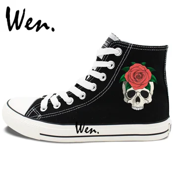 Wen Original Skateboarding Shoes for Men Women Design Skull Flower Red Rose Black White Canvas Sneakers High Tops