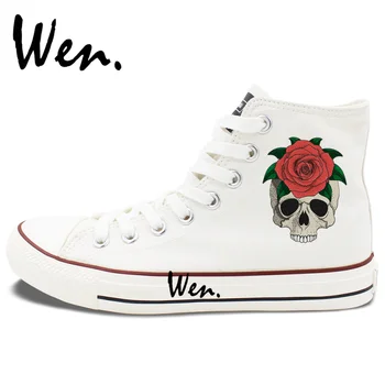 Wen Original Skateboarding Shoes for Men Women Design Skull Flower Red Rose Black White Canvas Sneakers High Tops