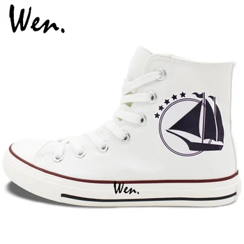 Wen White Lace Up Canvas Shoes for Men Women Design Sailing Helm Anchor Travel Adventures High Top Flats Sneakers Gifts