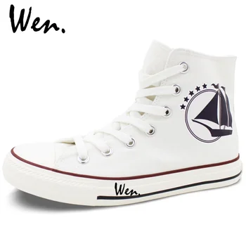 Wen White Lace Up Canvas Shoes for Men Women Design Sailing Helm Anchor Travel Adventures High Top Flats Sneakers Gifts