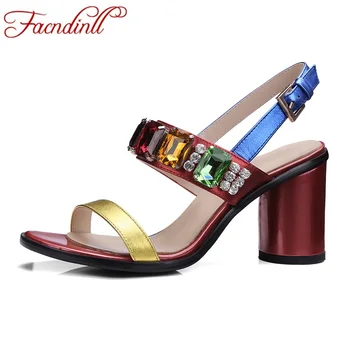 FACNDINLL women sandals 2017 new fashion genuine leather red rhinestone gladiator summer sandals shoes woman dress party shoes