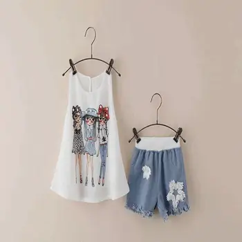 2017 Summer Girls Clothing Sets For Usual Shorts Loose White Shirt+Denim Jeans Cowboy Clothes Girl clothes Suit 3-7T