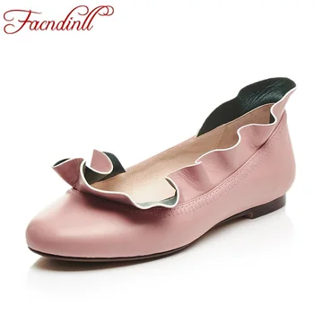 FACNDINLL genuine leather women flats shoes fashion spring summer shoes woman flat heel round toe ruffles women casual shoes