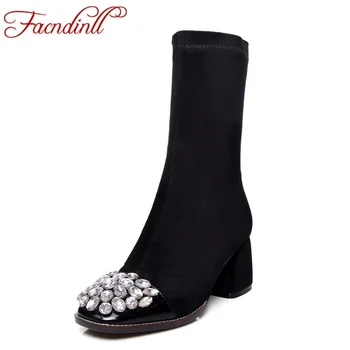 FACNDINLL new autumn winter women boots genuine leather shoes woman ankle boots black rhinestone fashion long boots for women