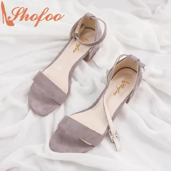 Shofoo Large Size Womens Sandals 2017 Women Genuine Leather Med-Heels Woman Purple Summer Sandals Shoes Mujer Taco Shoe Size 33
