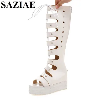 SAZIAE] Sexy Rome Style Shoes Woman Sandals Color White Black Slippers High Top Summer Open Toe Women Flip-flops Wedges Sandals