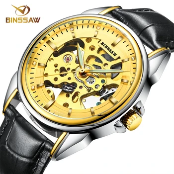 BINSSAW Business Mechanical Watch Rhinestone Steel Wristwatches Fashion Male Clock Skeleton Automatic Men Watches Montre Homme