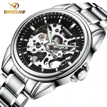 BINSSAW Business Mechanical Watch Rhinestone Steel Wristwatches Fashion Male Clock Skeleton Automatic Men Watches Montre Homme