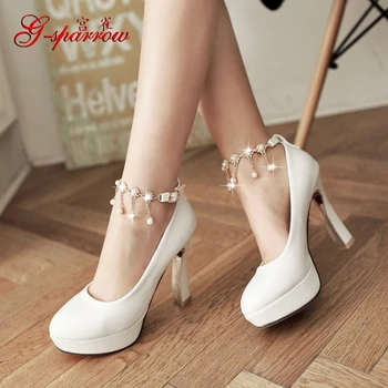 2017 Fashion Western Style High Thick Heels 10cm Rhinestones Beaded Tassel Pumps Large Size Shoes Woman Pink White Blue