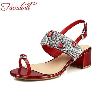 2017 new fashion gladiator rhinestones beading women sandals summer leather thick heels open toe ladies party shoes