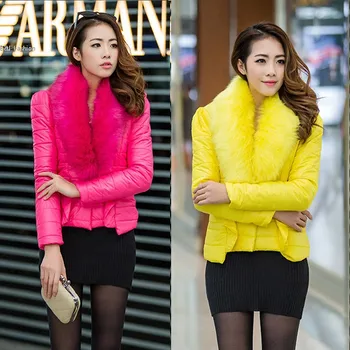 Women's Winter Thicken Warm Fur Collar Button jacket Short Cotton-padded Outwear