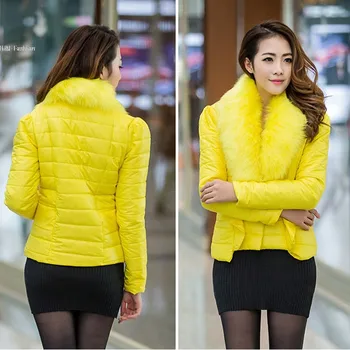 Women's Winter Thicken Warm Fur Collar Button jacket Short Cotton-padded Outwear