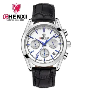CHENXI Fashion Trend Men's Sport Watch Silver Dial Genuine Leather Chronograph Business Casual Dress Man Clock Waterproof Black