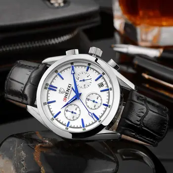 CHENXI Fashion Trend Men's Sport Watch Silver Dial Genuine Leather Chronograph Business Casual Dress Man Clock Waterproof Black