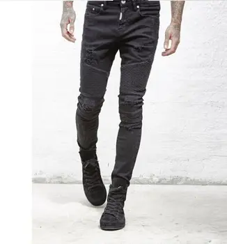 European and American High-end Plus Size Pants Blue/black Destroyed Mens Slim Denim Straight Biker Skinny Men's Ripped Jeans