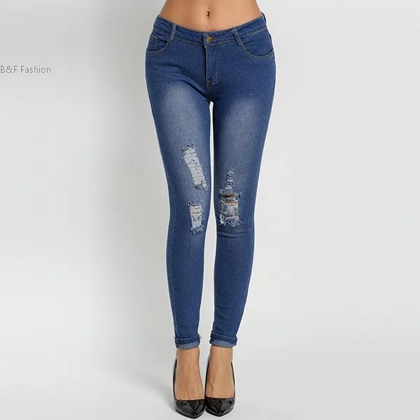 New Fashion Women Mid-waisted Casual Holes Skinny Pencil Jeans