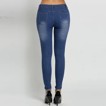 New Fashion Women Mid-waisted Casual Holes Skinny Pencil Jeans