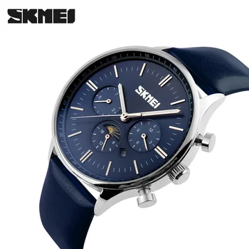 SKMEI Men's Quartz Watch Luxury Watches Relogio Masculino Fashion Casual Blue Genuine Leather Waterproof Mens Wristwatch Relojes