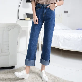 Plus size women jeans comfortable loose wide leg pants straight jeans High waist full length trousers Denim Pant